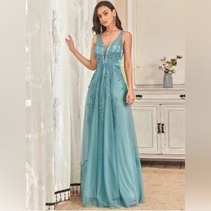 Womens Evening Dress Sleeveless V-Neck Beaded M/L Teal Prom Fairy  Empire Waist